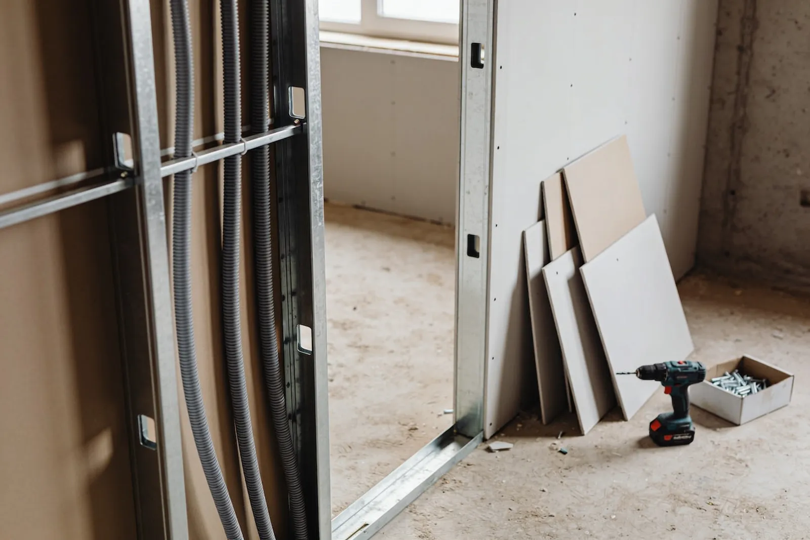 Ossature métallique et plaques de plâtre dans une pièce en travaux